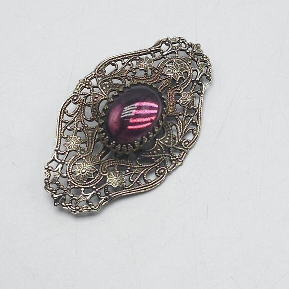 Antique Style Filigree Brooch With Purple Cabochon Stone Floral Design - Picture 2 of 4